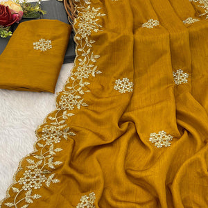 Mustard Floral Sequins Embroidered Chinon Saree