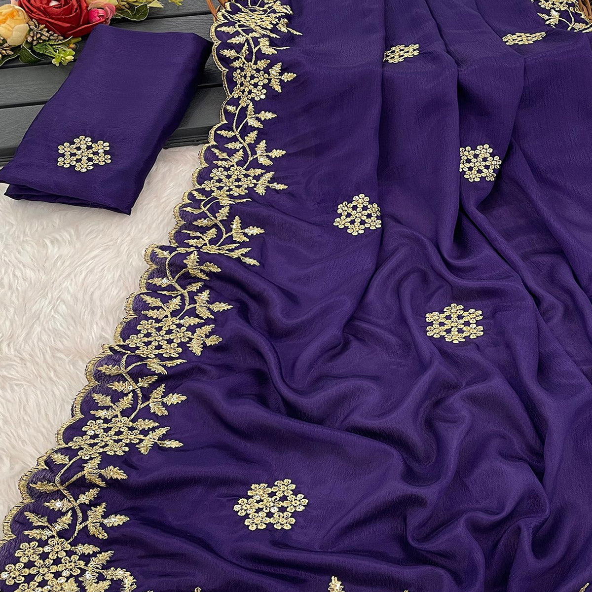 Purple Floral Sequins Embroidered Chinon Saree