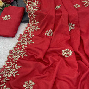 Red Floral Sequins Embroidered Chinon Saree
