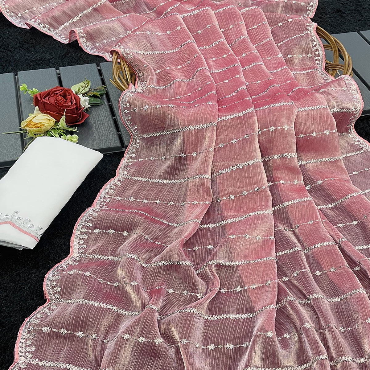 Peach Sequins Work Embroidered Chiffon Saree