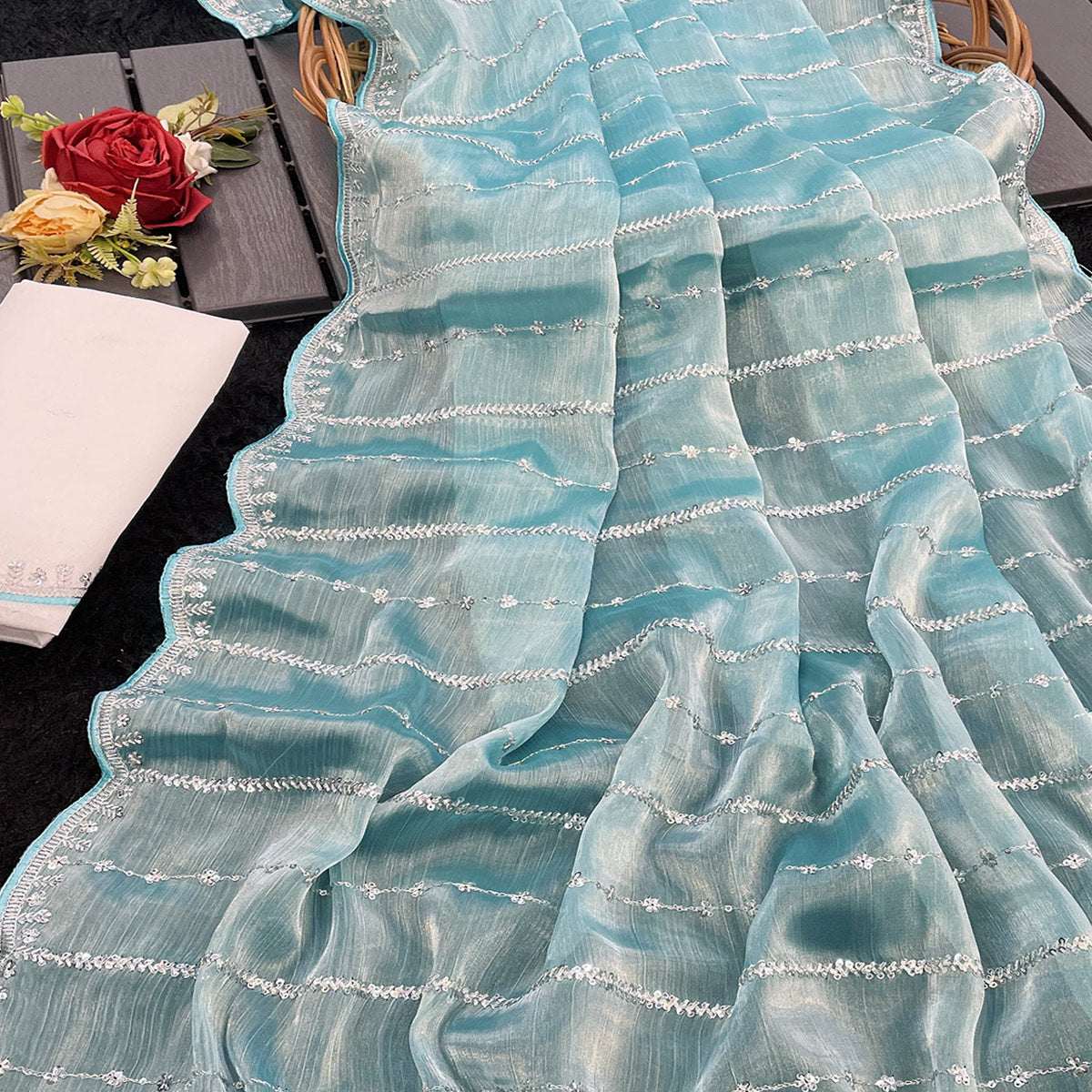 Sky Blue Sequins Work Embroidered Chiffon Saree