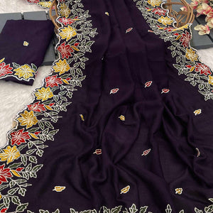 Purple Floral Embroidered Vichitra Silk Saree