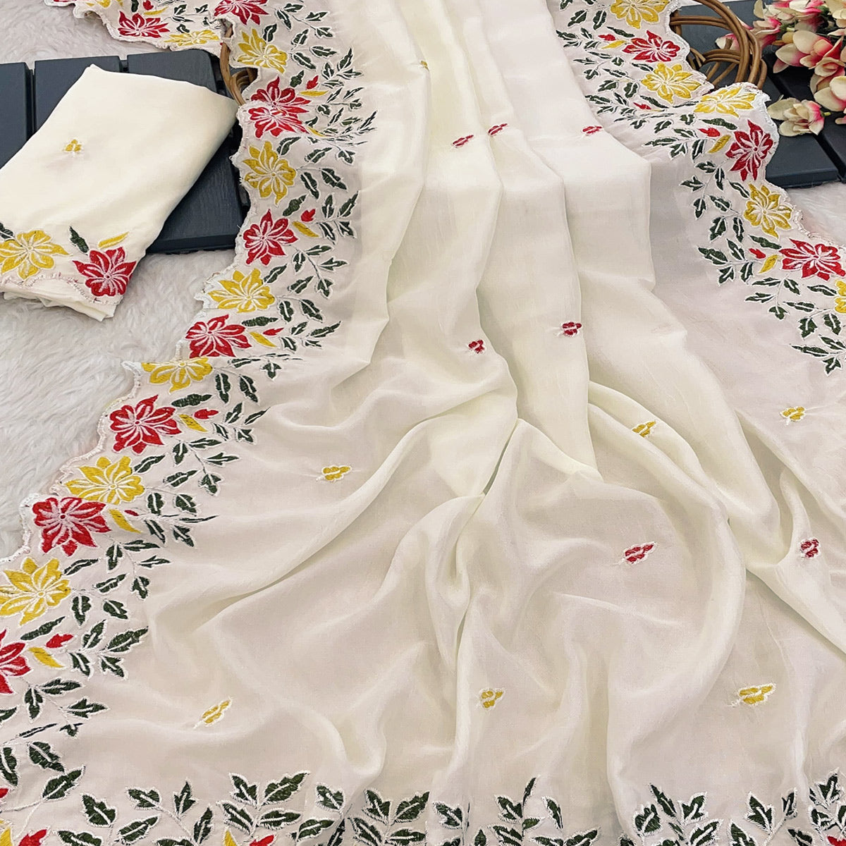White Floral Embroidered Vichitra Silk Saree