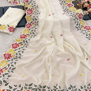 White Floral Embroidered Vichitra Silk Saree