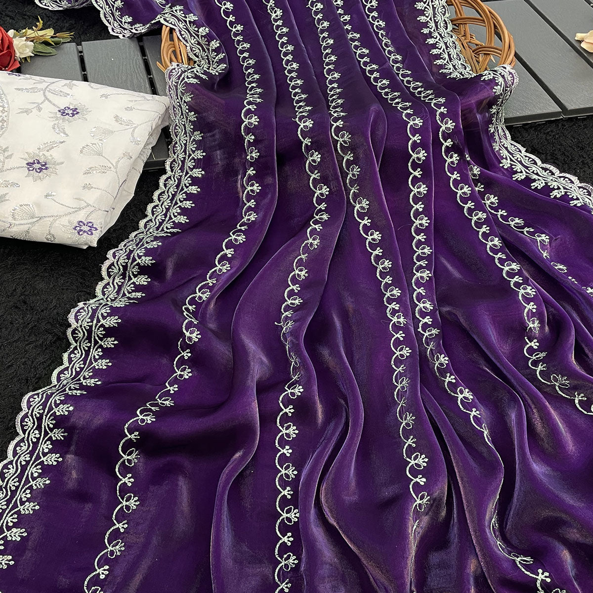 Purple Sequins Embroidered Satin Saree