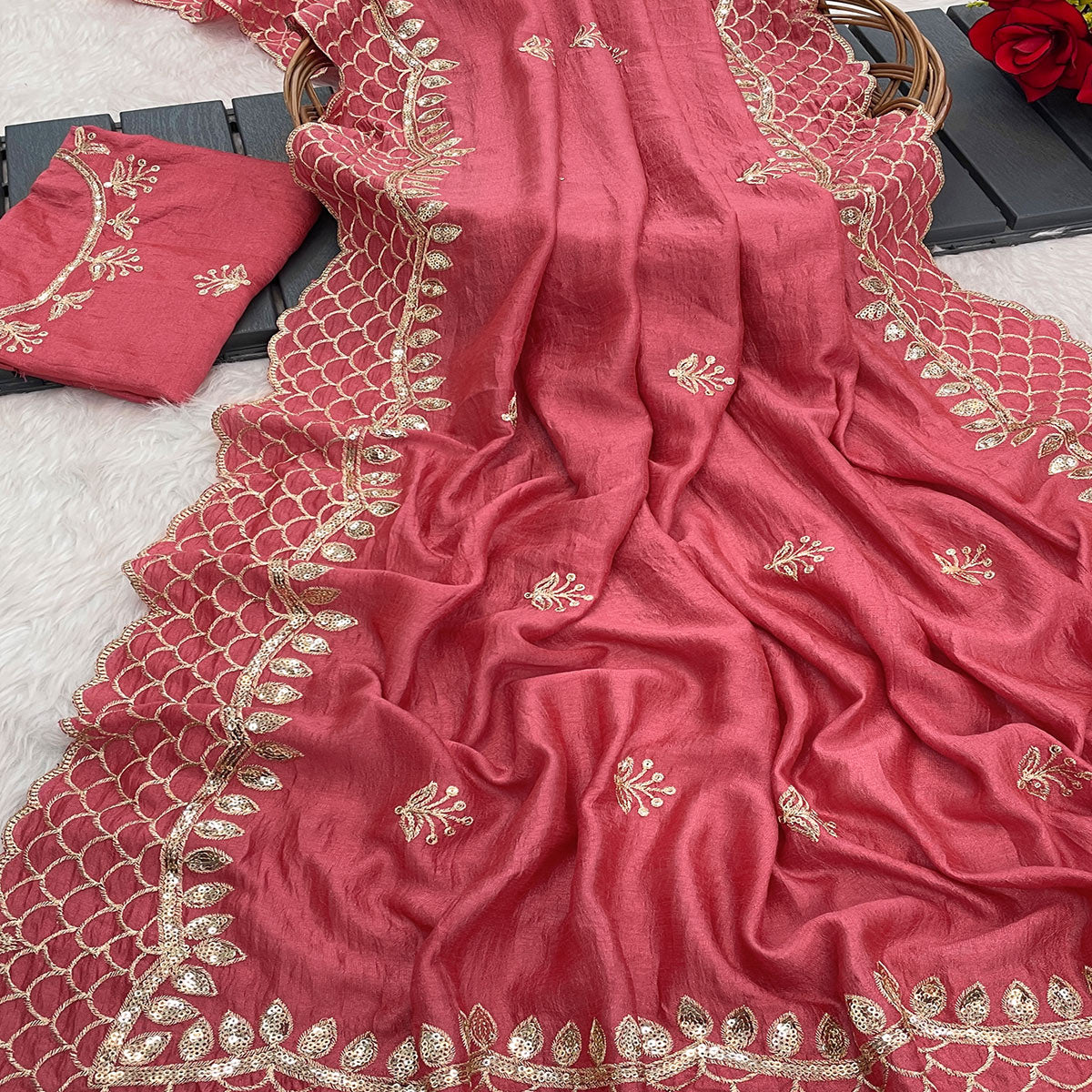 Gajri Pink Sequins Embroidered Vichitra Silk Saree