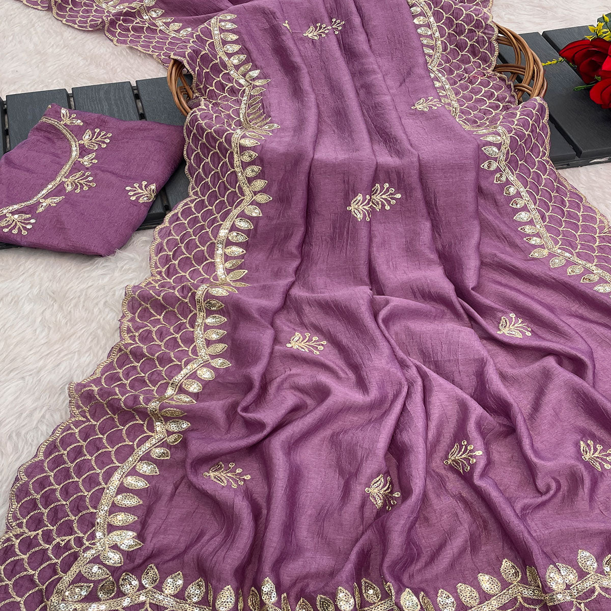 Purple Sequins Embroidered Vichitra Silk Saree