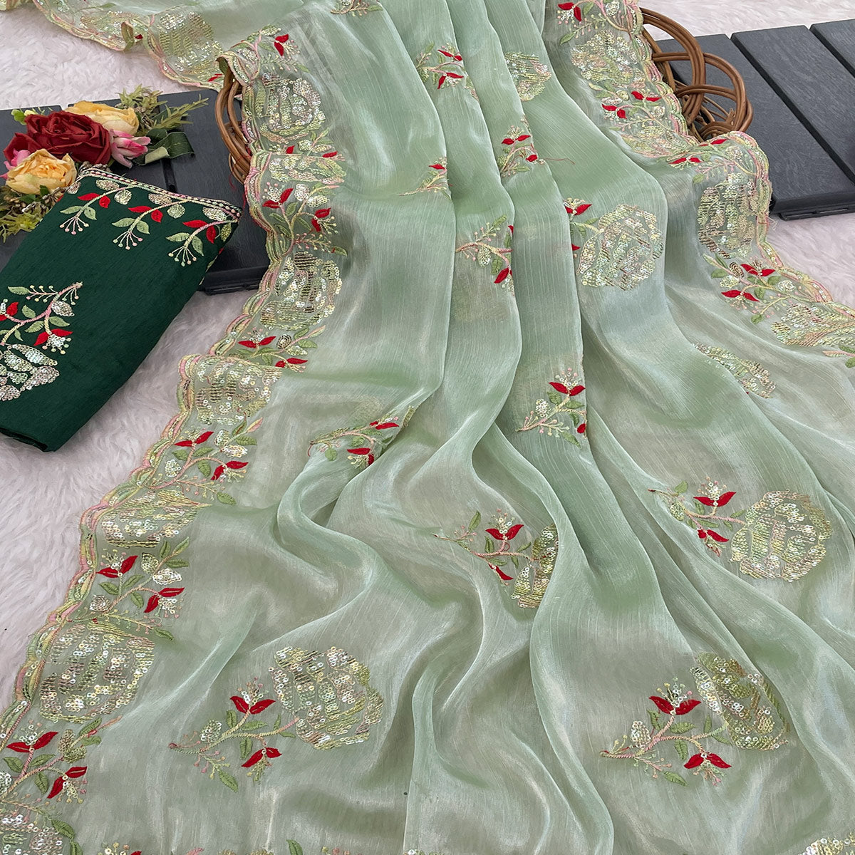 Green Sequins Work Embroidered Chiffon Saree