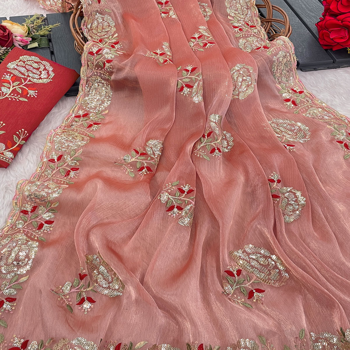Peach Sequins Work Embroidered Chiffon Saree