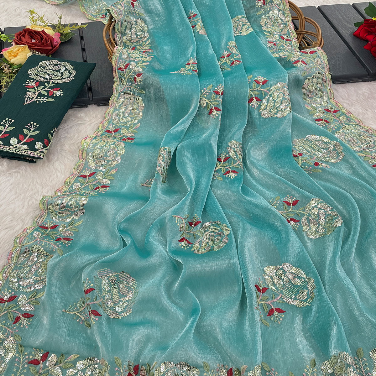 Sky Blue Sequins Work Embroidered Chiffon Saree