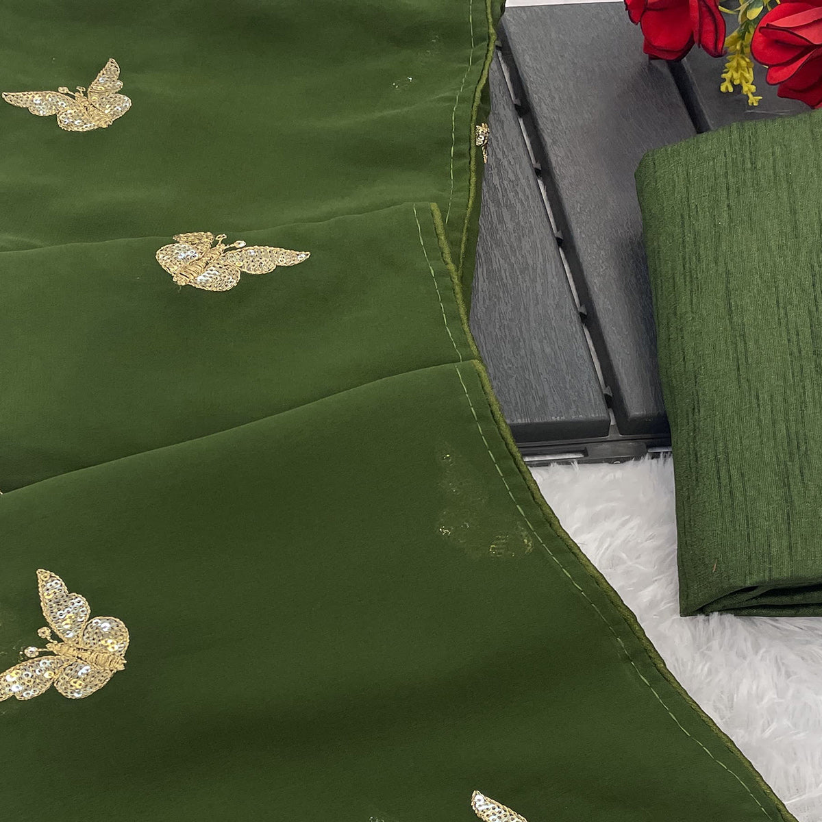 Mehendi Green Embroidered Georgette Saree With Shimmering Butterfly Sequin Work
