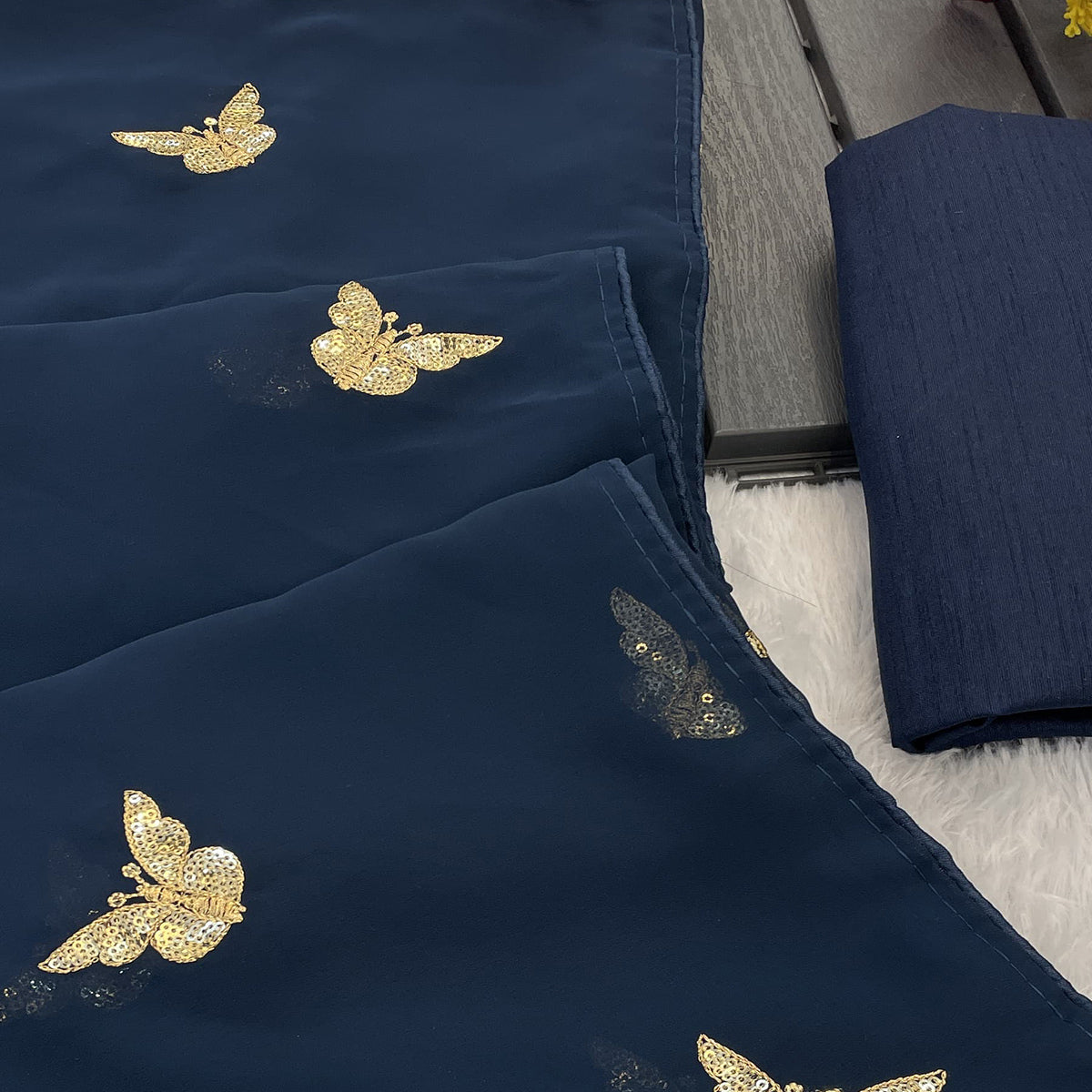 Blue Embroidered Georgette Saree With Shimmering Butterfly Sequin Work