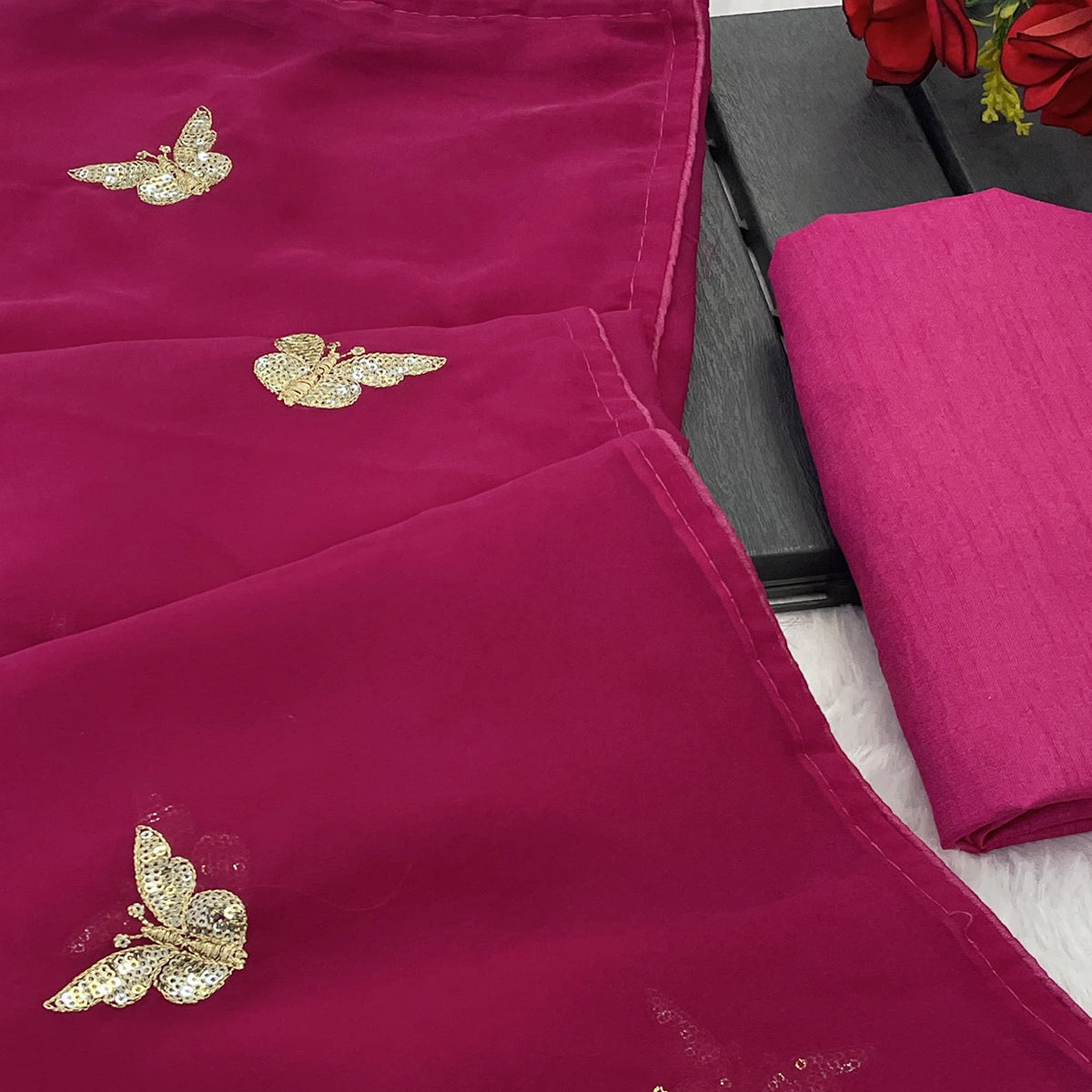 Pink Embroidered Georgette Saree With Shimmering Butterfly Sequin Work