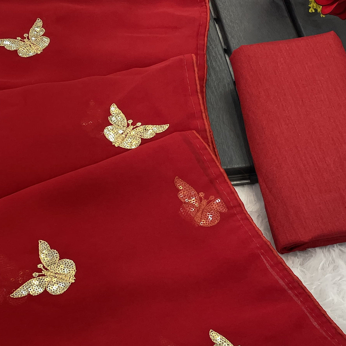 Red Embroidered Georgette Saree With Shimmering Butterfly Sequin Work