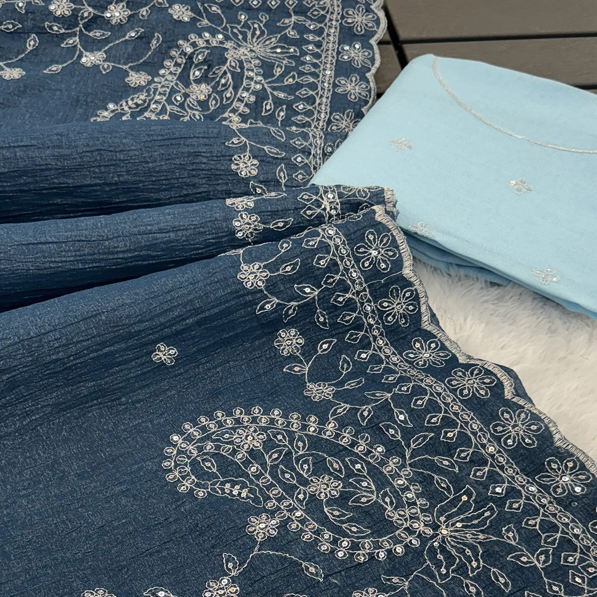 Dusty Blue Silk Blend Crush Saree Adorned With Floral Thread Embroidery & Sequins