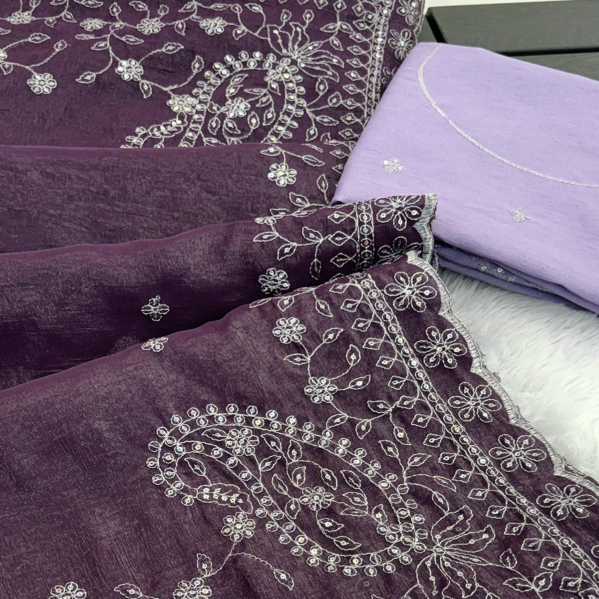 Dusty Lavender  Silk Blend Crush Saree Adorned With Floral Thread Embroidery & Sequins