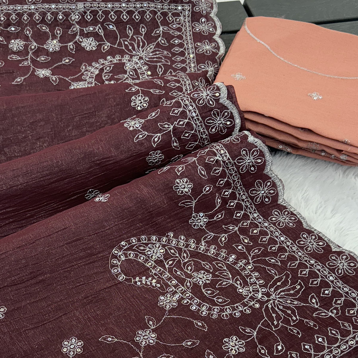 Dusty Maroon Silk Blend Crush Saree Adorned With Floral Thread Embroidery & Sequins