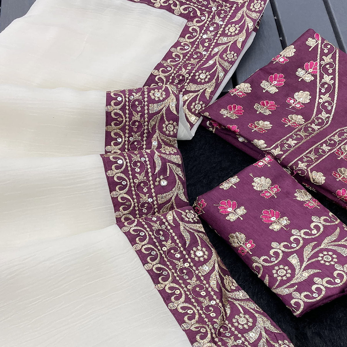 Offwhite Solid Crunchy Silk Blend Saree With Sequins Embroidery Border Work