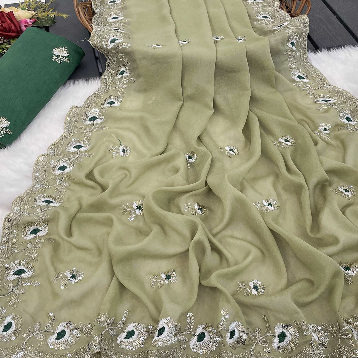 Green Georgette Silk Saree With Floral Sequin Embroidery & Graceful Cutwork Detailing Border