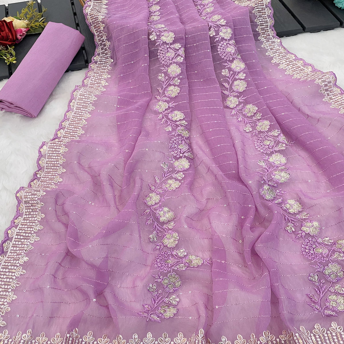 Light Purple Shimmer Chiffon Saree with Floral Sequin Embroidery & Elegant Cutwork Border