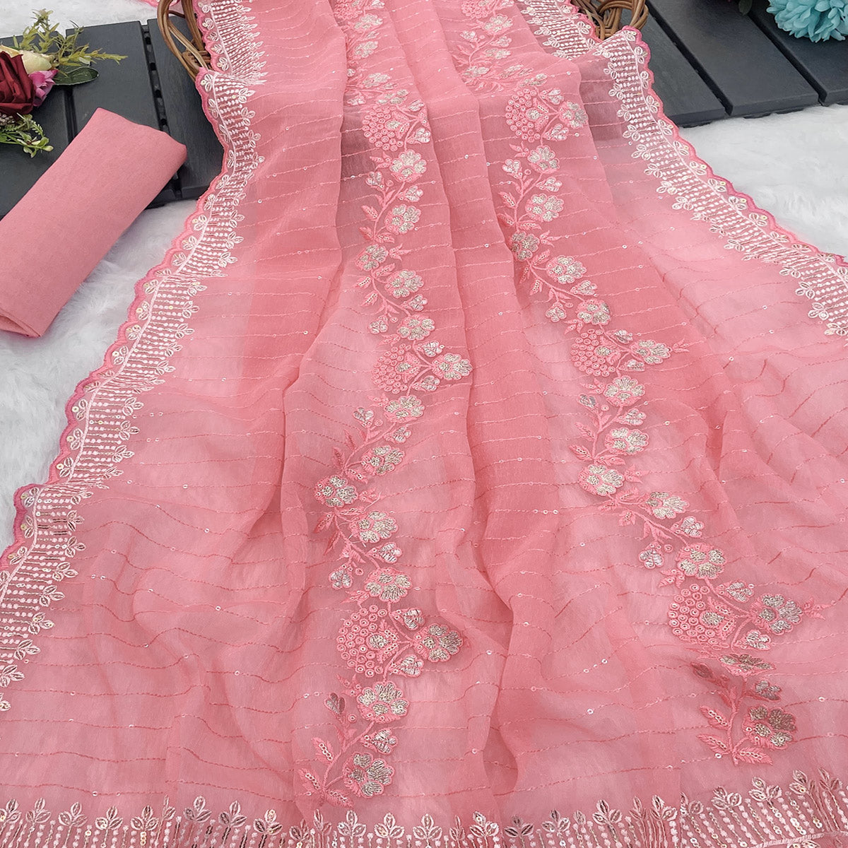 Rose Pink Shimmer Chiffon Saree with Pastel Floral Sequin Embroidery & Delicate Cutwork Border