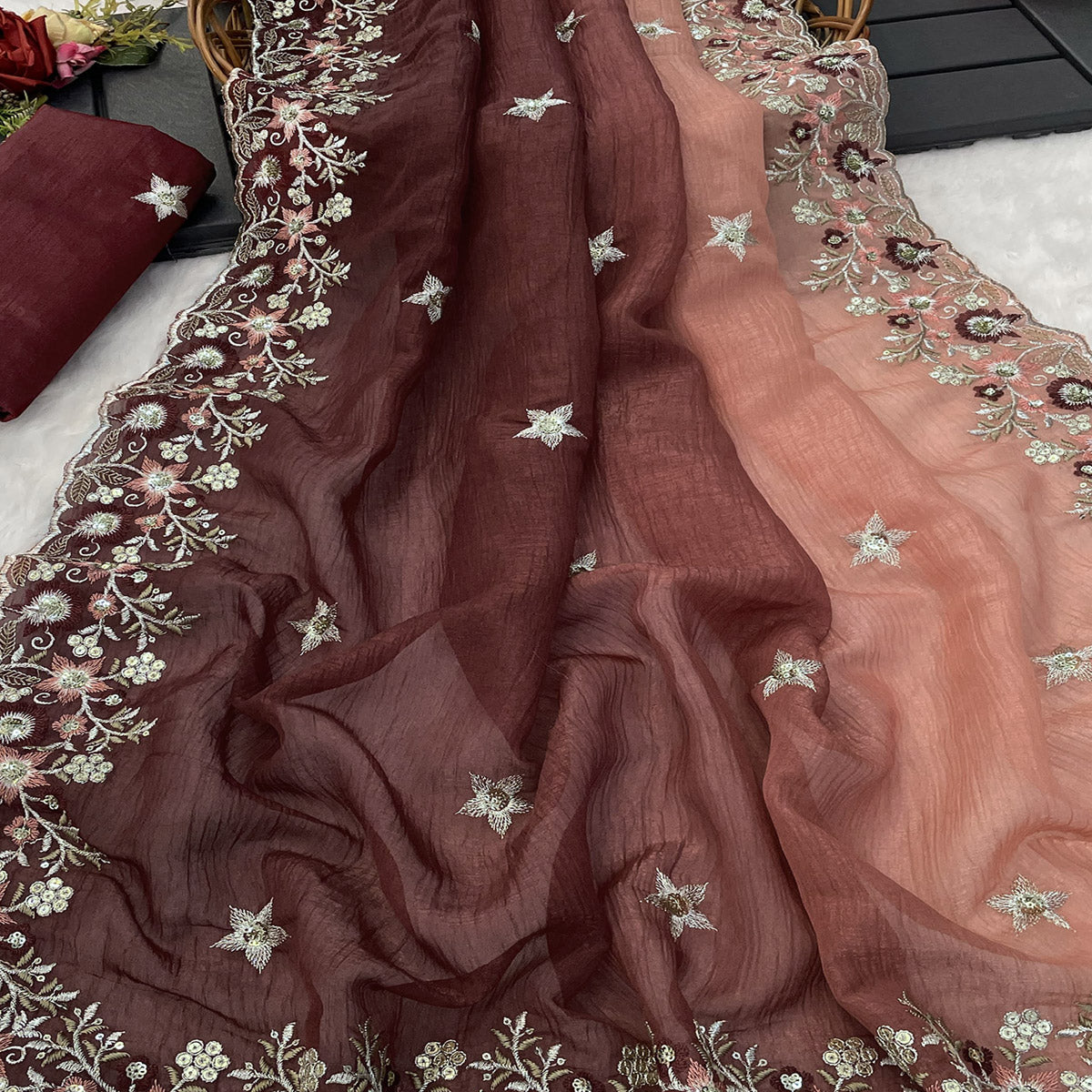 Brown Crunchy Crush Saree Featuring Floral Thread Embroidery & Sequins Embellishment