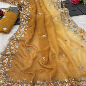 Mustard Crunchy Crush Saree Featuring Floral Thread Embroidery & Sequins Embellishment