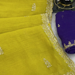 Enchanting Green Crunchy Crush Saree With Delicate Floral Thread Embroidery & Sparkling Sequins Accents