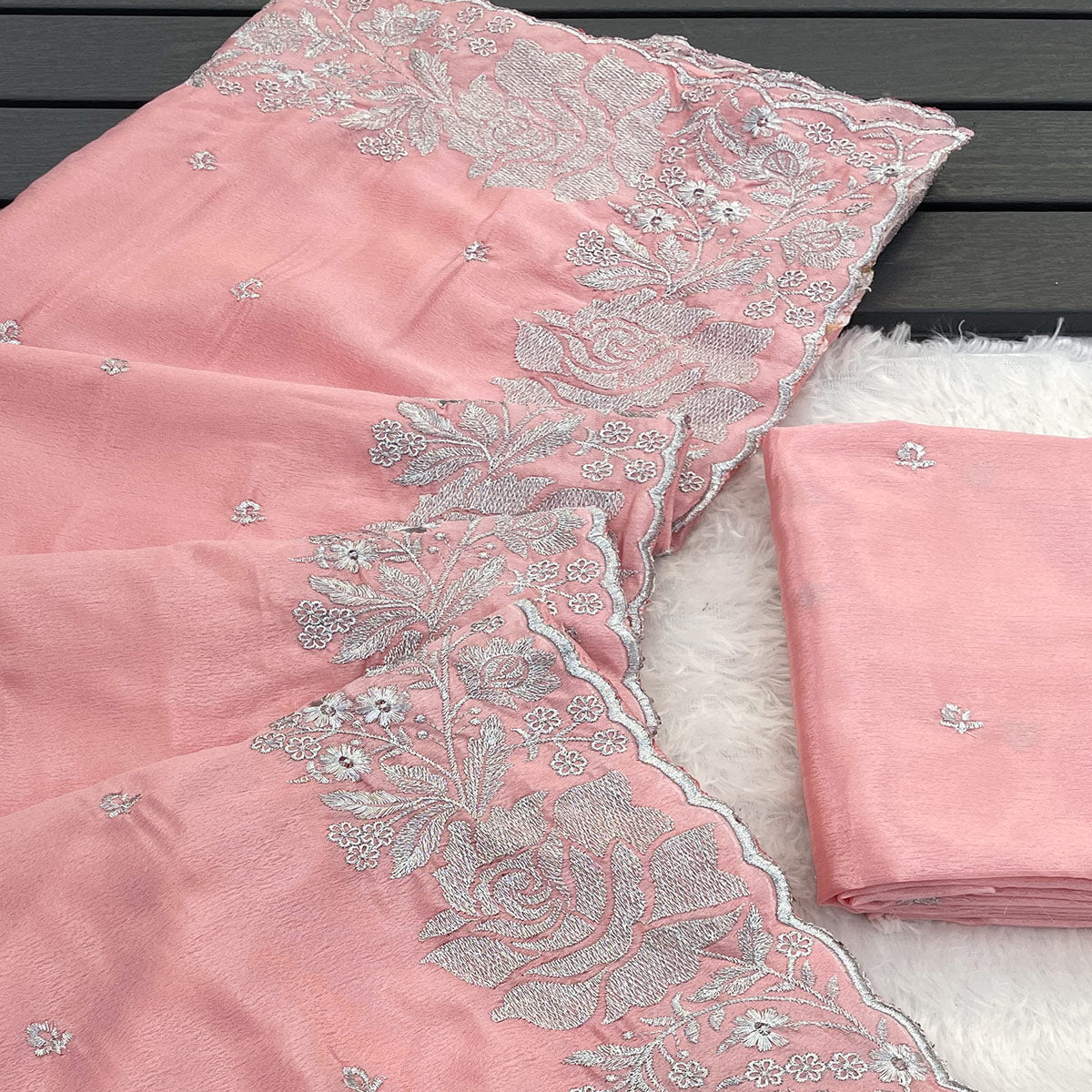 Graceful Baby Pink Chinon Chiffon Saree With Intricate Floral Zari Embroidery