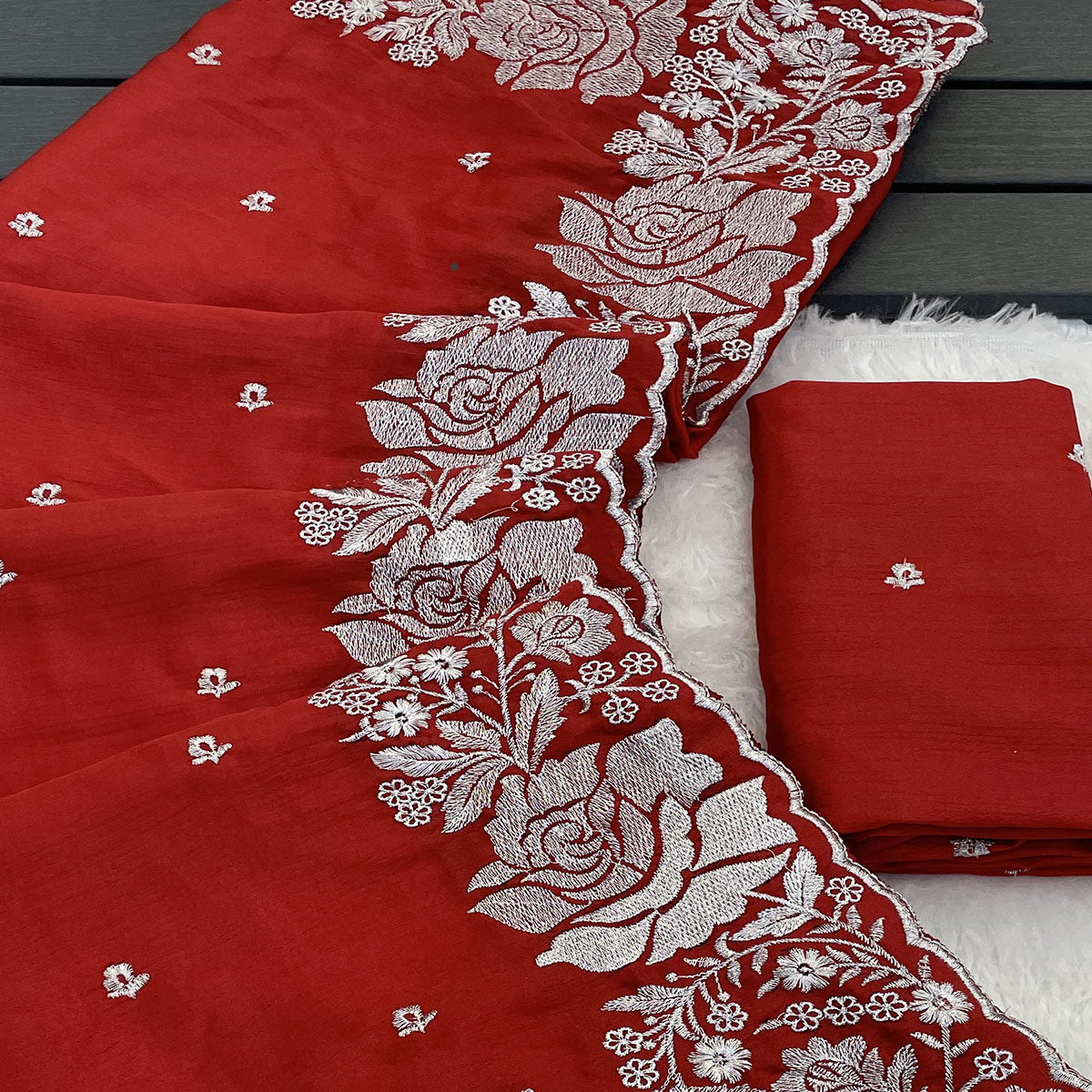 Elegant Red Chinon Chiffon Saree Embellished with Timeless Floral Zari Embroidery