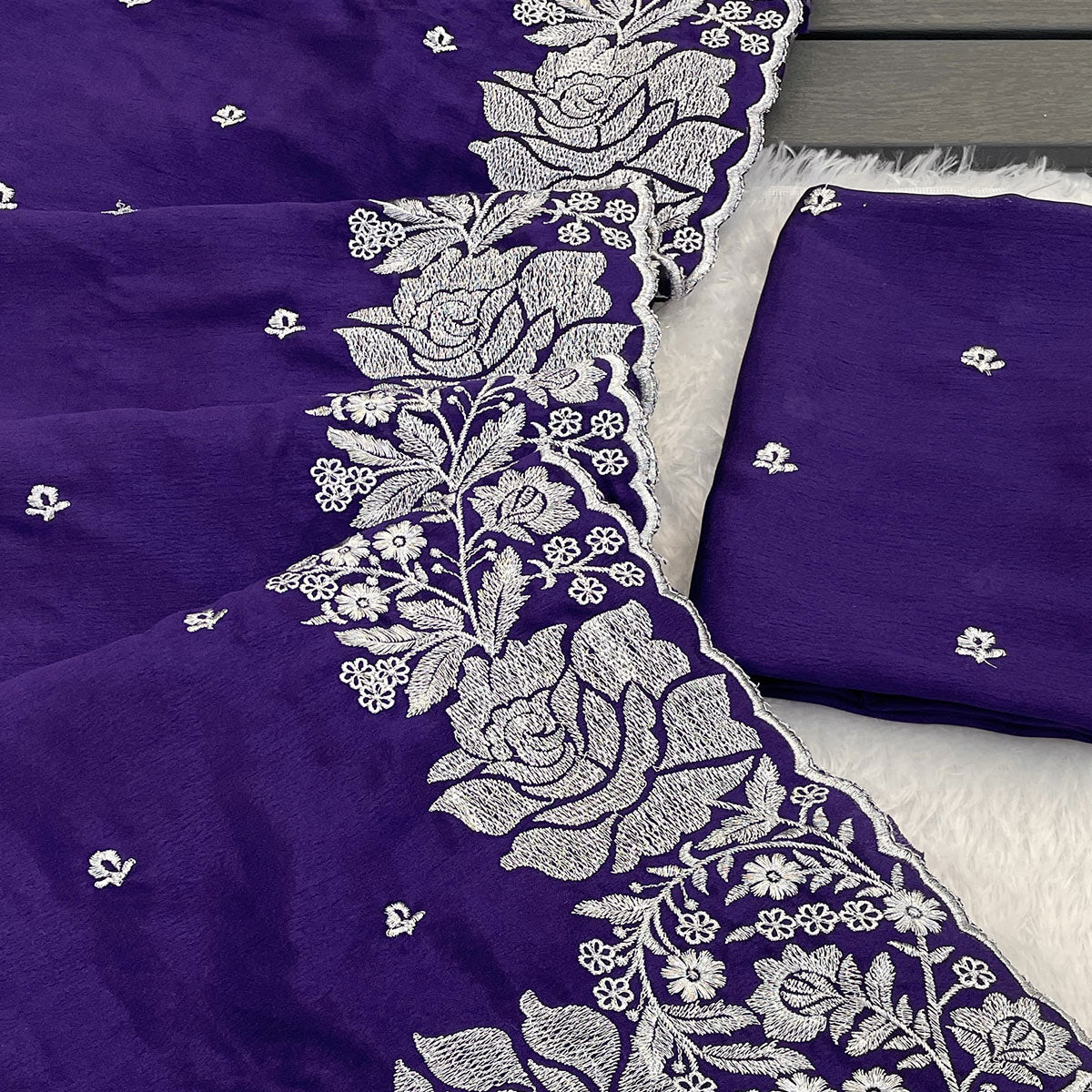 Luxurious Royal Purple Saree Adorned With Delicate Floral Zari Work On Chinon Chiffon