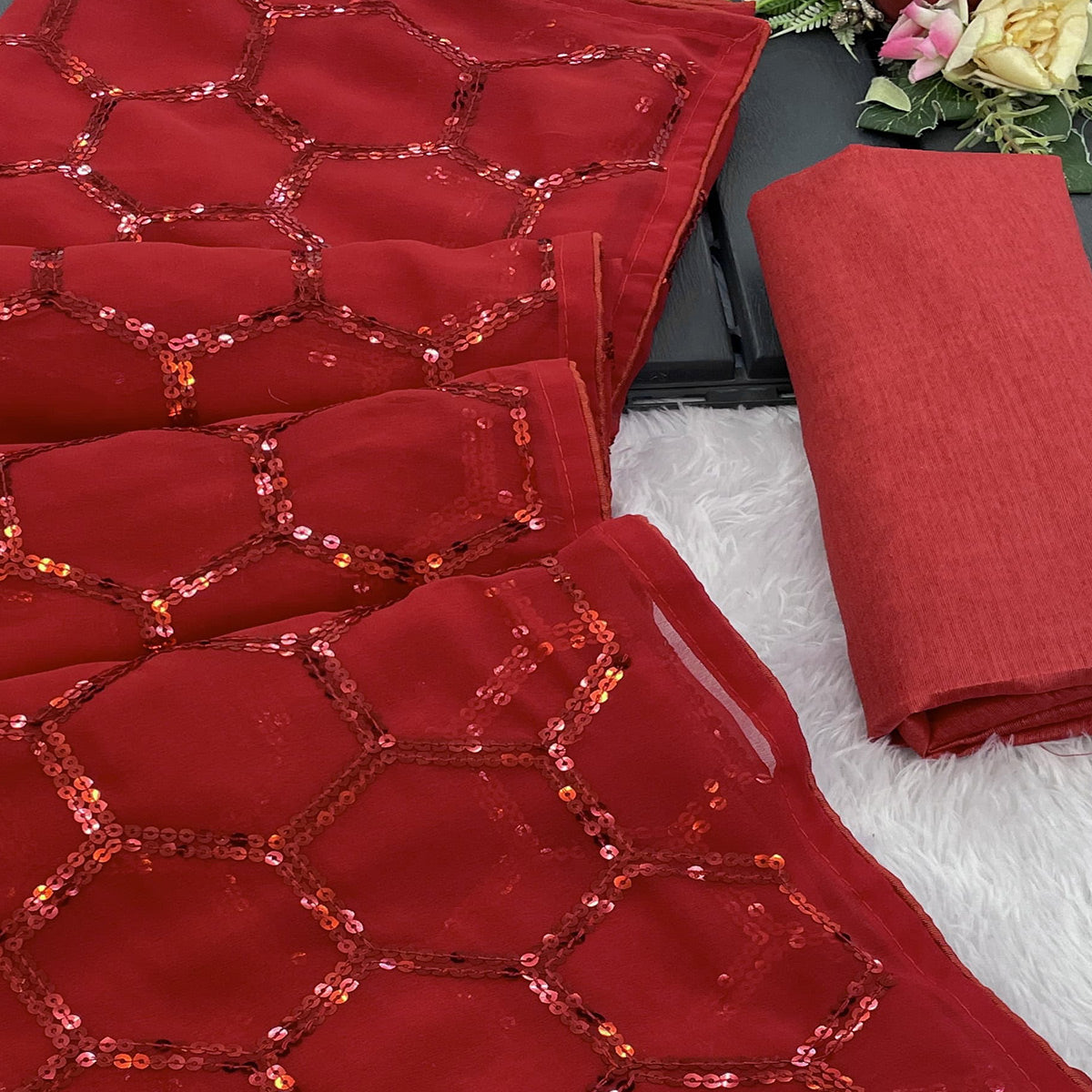 Red Georgette Silk Saree Embellished With Sparkling Sequins Embroidery & Piping Border