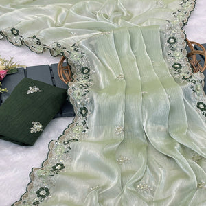 Green Jimmy Choo Chiffon Saree Adorned With Floral Embroidery & Delicate Sequins Work