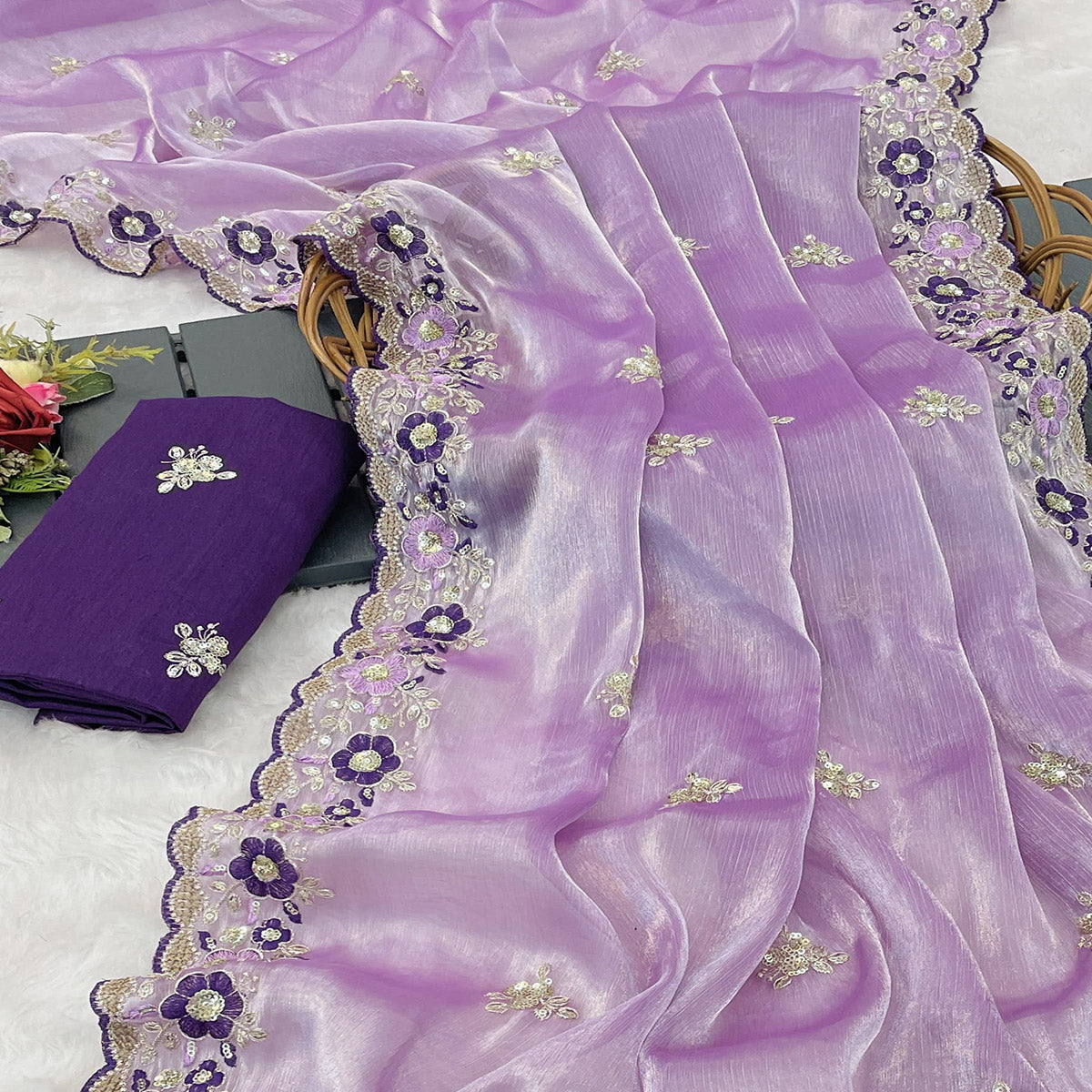 Lavender Jimmy Choo Chiffon Saree Adorned With Floral Embroidery & Delicate Sequins Work