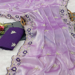 Lavender Jimmy Choo Chiffon Saree Adorned With Floral Embroidery & Delicate Sequins Work
