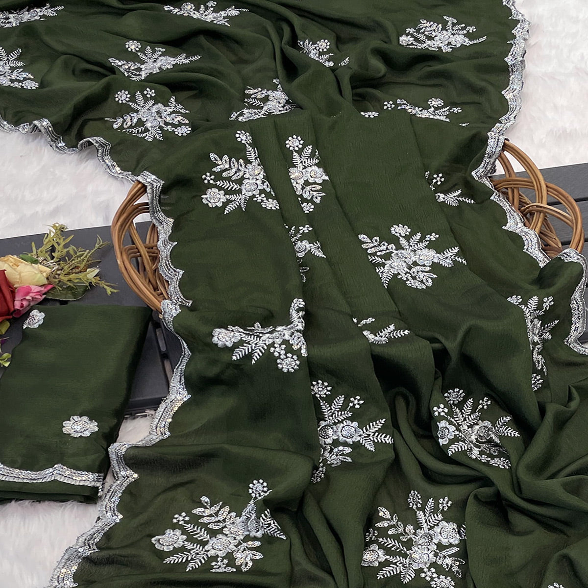 Green Chinon Saree Adorned With Zari Floral Embroidery & Gleaming Sequins Work
