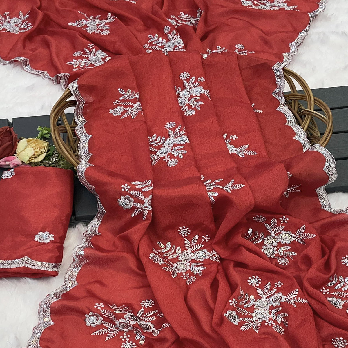 Red Chinon Saree Adorned With Zari Floral Embroidery & Gleaming Sequins Work