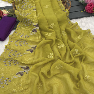 Graceful Green Crunchy Crush Saree With Delicate Floral Thread Embroidery & Sequin Work