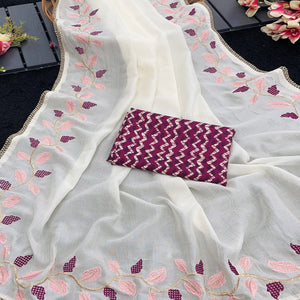 Graceful Offwhite & Wine Pure Silk Saree With Intricate Thread Embroidery And Delicate Lace Border