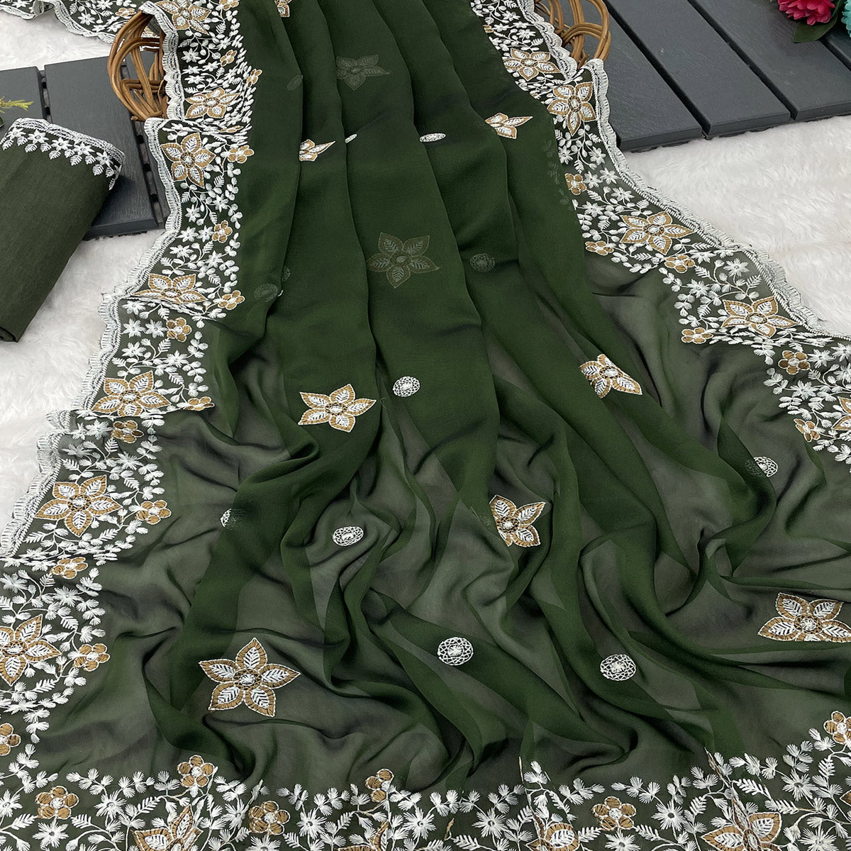 Green Designer Art Silk Saree Enhanced with Fine Floral Embroidery Work