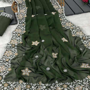 Green Designer Art Silk Saree Enhanced with Fine Floral Embroidery Work