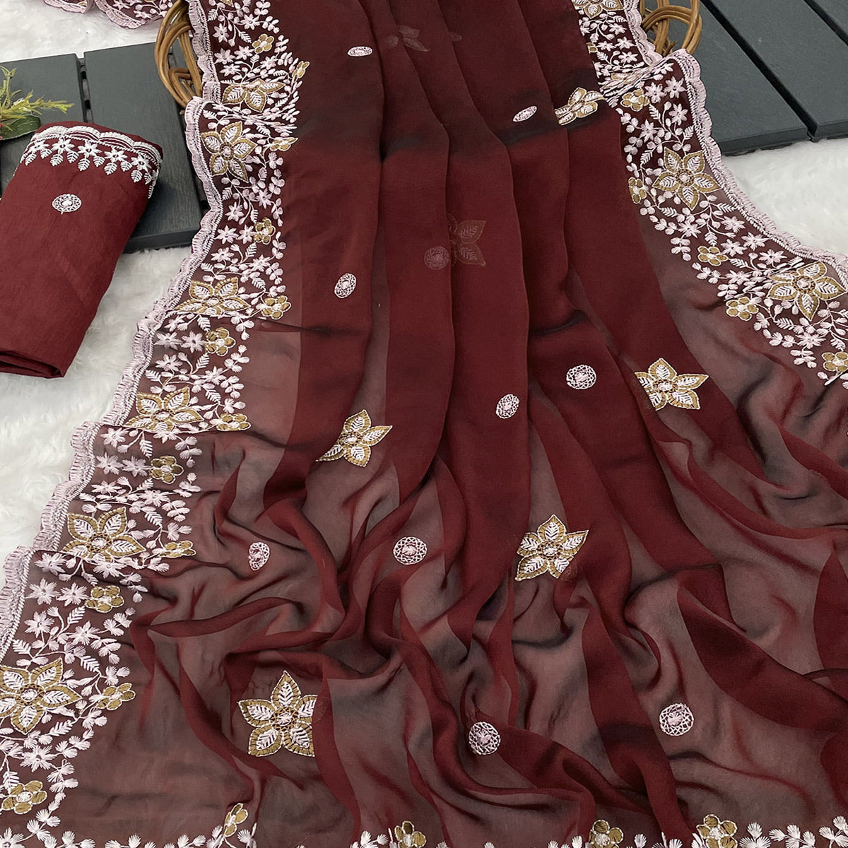 Maroon Designer Art Silk Saree Enhanced with Fine Floral Embroidery Work