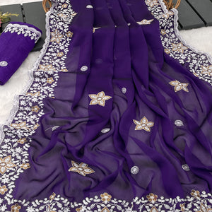 Purple Designer Art Silk Saree Enhanced with Fine Floral Embroidery Work