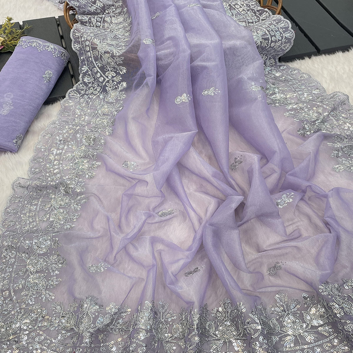 Lavender Sequins Embroidered Twill Net Designer Embellished Saree