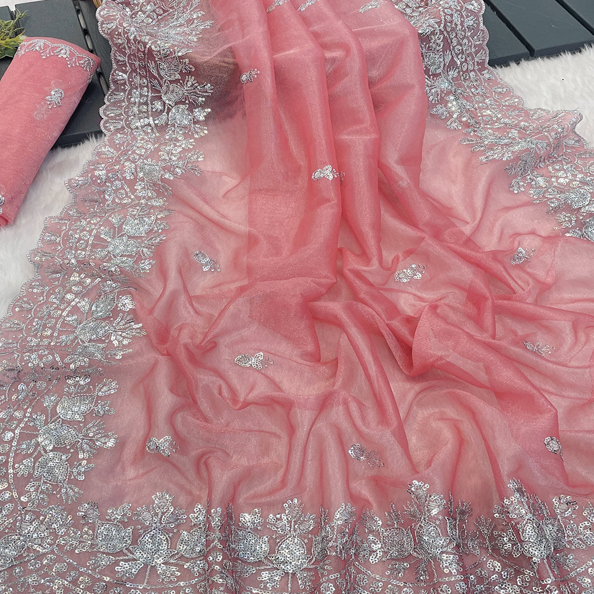 Peach Sequins Embroidered Twill Net Designer Embellished Saree