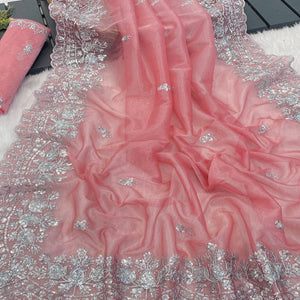 Peach Sequins Embroidered Twill Net Designer Embellished Saree