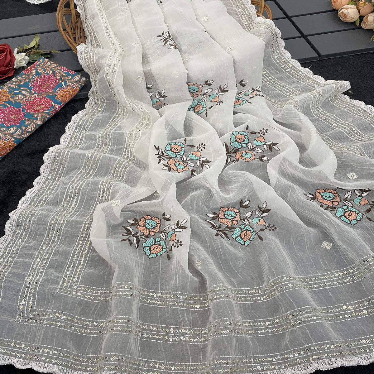White Embroidered Cotton Silk Saree with Subtle Sequins Detailing