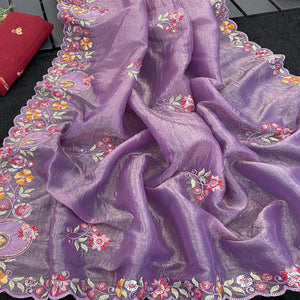 Lavender Elegance Cotton Silk Saree with Floral Sequins Embroidery