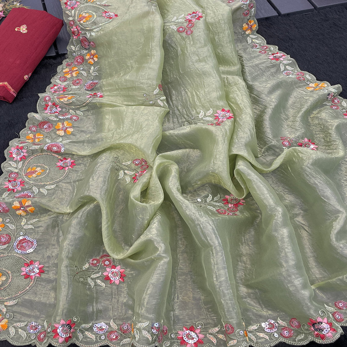 Pista Green Elegance Cotton Silk Saree with Floral Sequins Embroidery