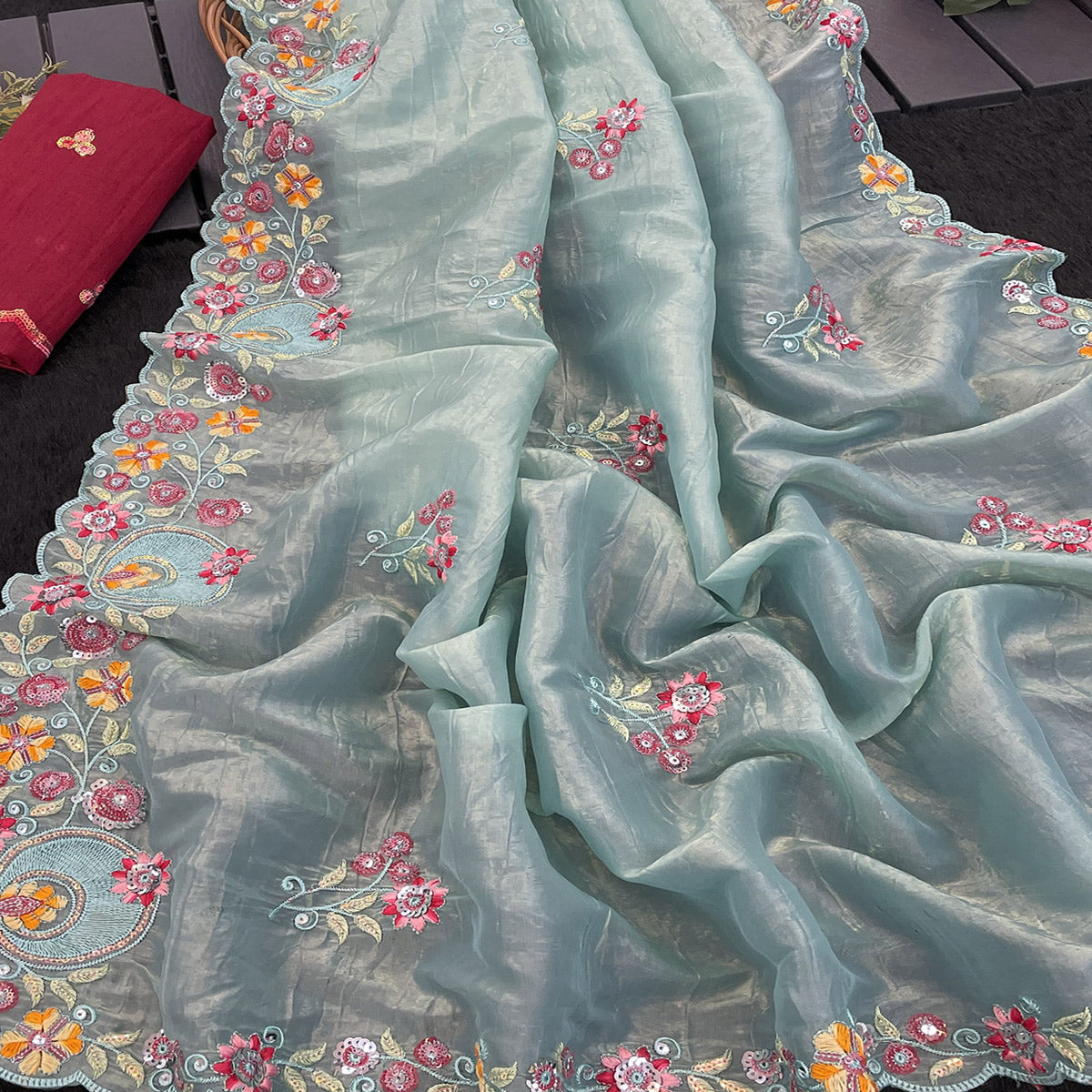 Turquoise Elegance Cotton Silk Saree with Floral Sequins Embroidery